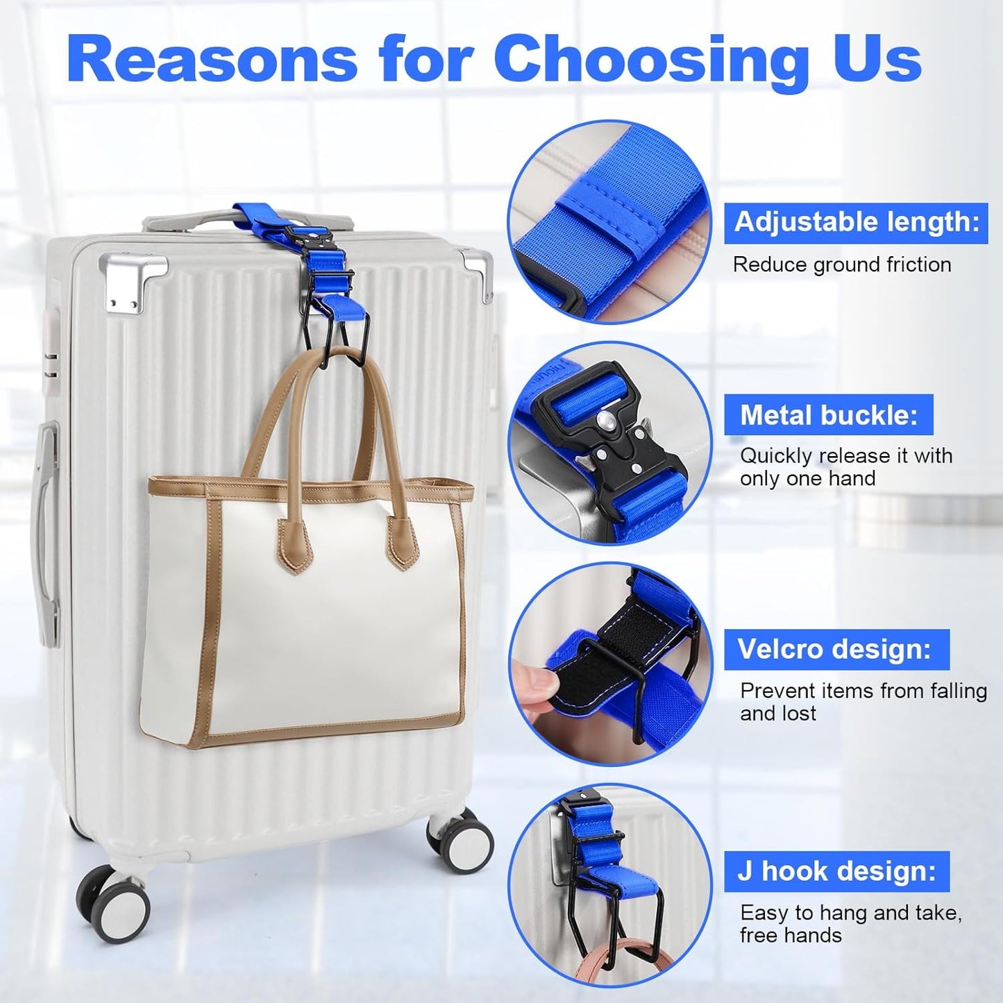 Luggage Hook Strap, J Hook for Luggage Strap Flight Attendant with Hands Free, Adjustable Travel Luggage Straps for Add a Bag Hook