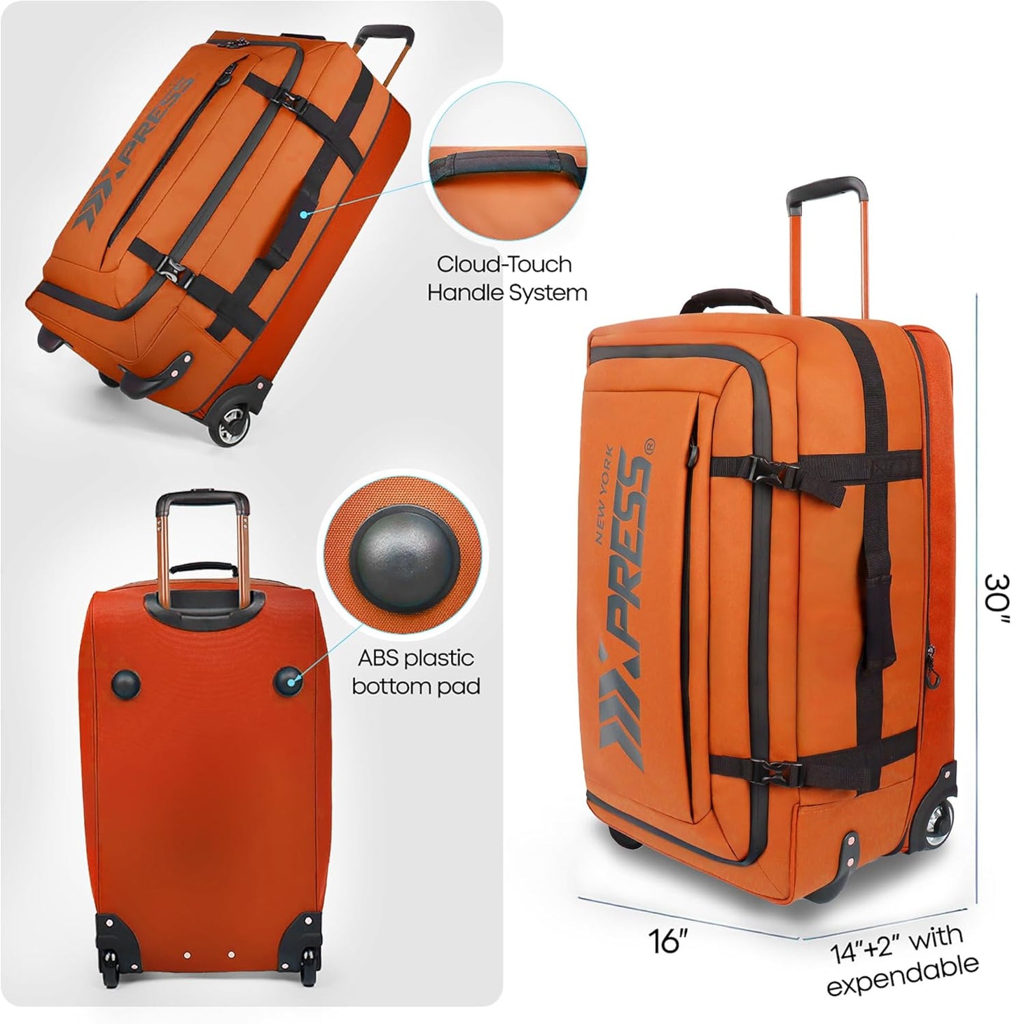 30'' Expandable Rolling Duffle Bag with Wheels,Expandable For Up to 15% More Space,Rolling Duffle Bag w/Handle,Carry on Luggage Travel Duffle Bags for Man Women#Orange