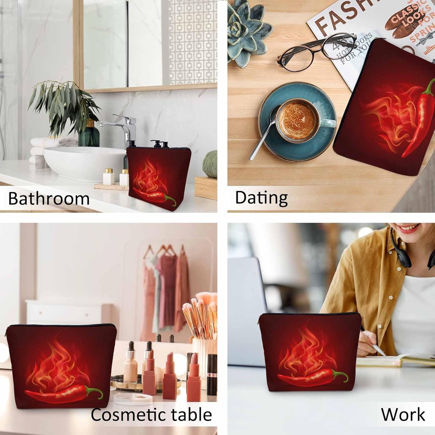 Chili Pepper Cosmetic Travel Bag For Toiletries, Fire Hot Spicy Red Chili Pepper Makeup Bag Toiletry Bags For Women, Flax Cosmetic Bags Make Up Bag Purse Toiletries Bag Birthday Gift