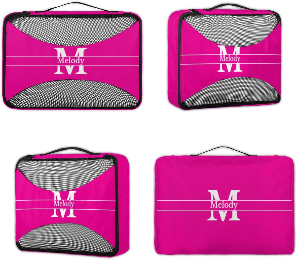 Custom 4 Set Packing Cubes for Travel, Personalized Deep Pink with Initial Letter Mesh Travel