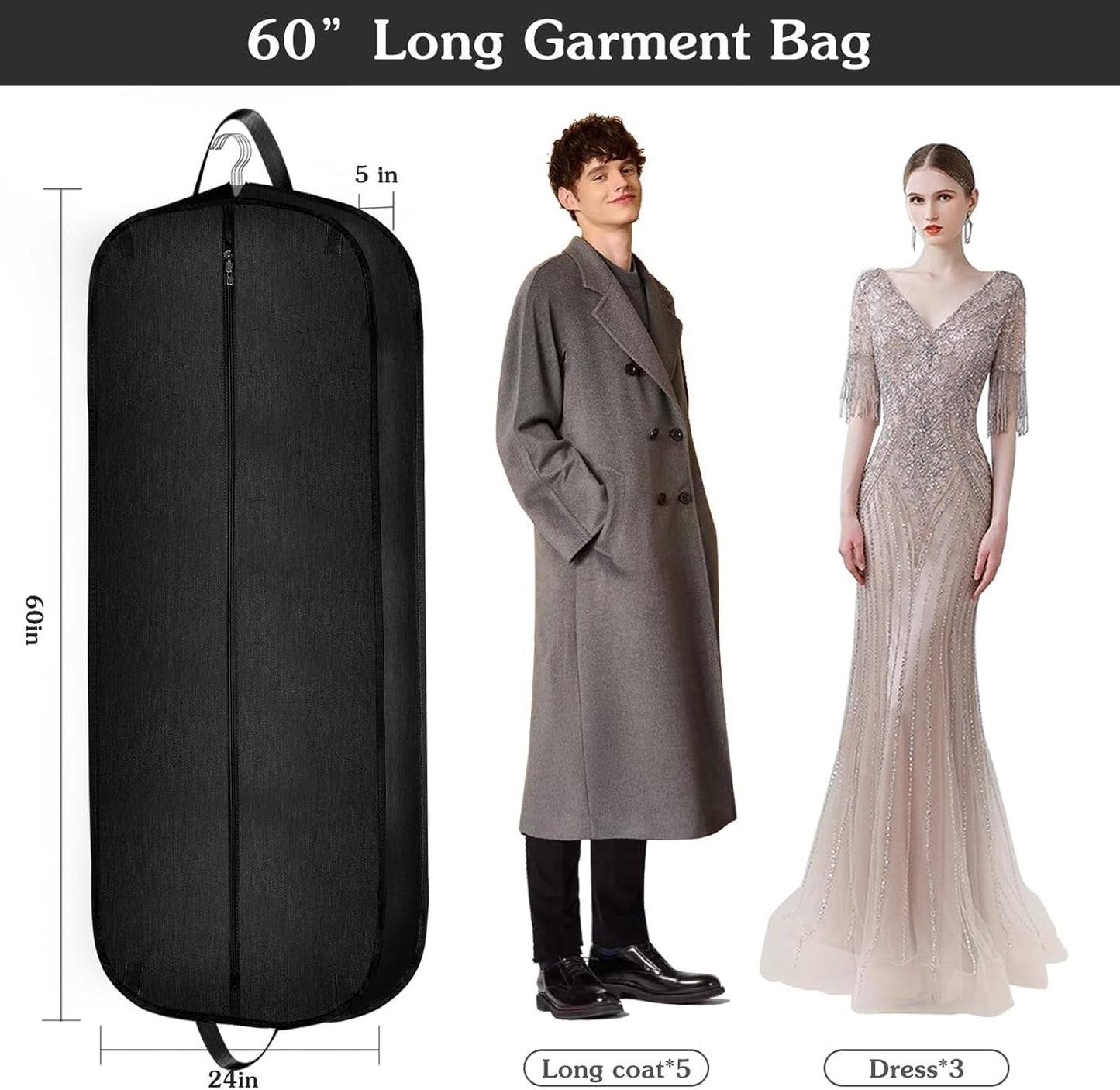 60 Inch 2 Packs Heavy Duty Tear Resistance Wedding Dress Bag for Wedding Travel, Waterproof Dress Cover for Closet Wardrobe. Garment Bag for Gowns, Tuxedos, Dress, Long Coats. Darkgrey
