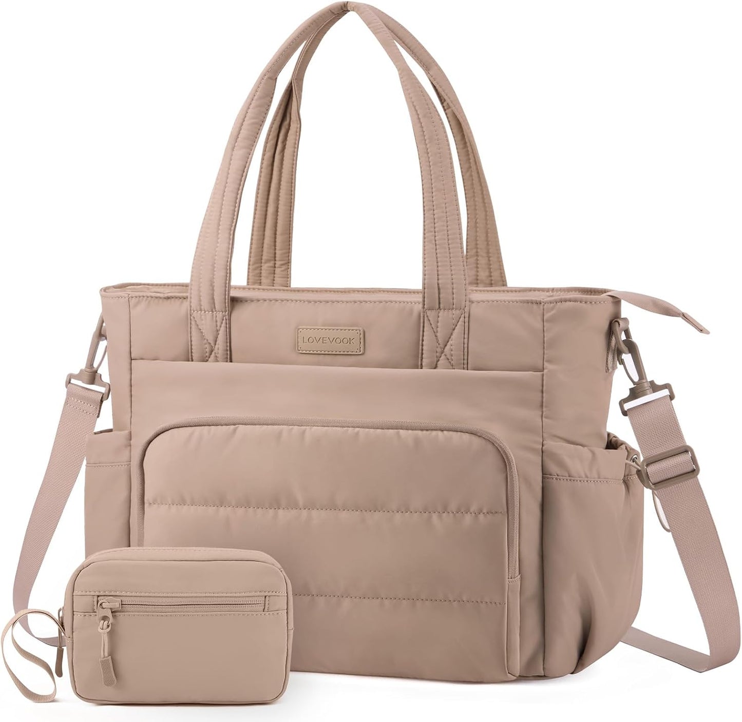 LOVEVOOK Tote Bag for Women, 15.6 Inch Puffer Laptop Work Tote with Cup Holder, Quilted Nurse Bag for Travel, Gym, Daily Use