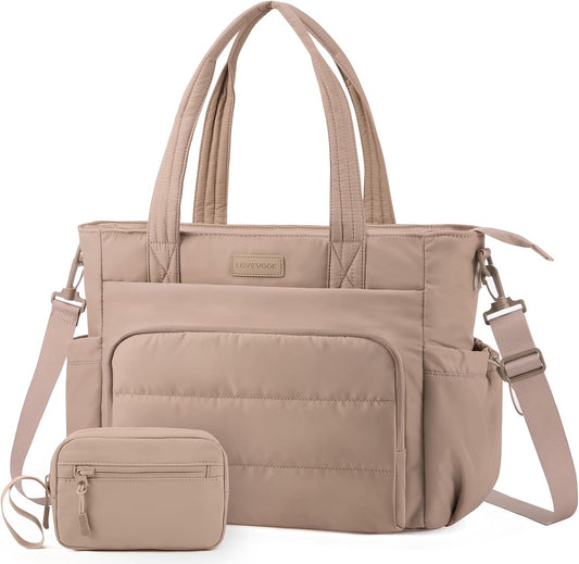 LOVEVOOK Tote Bag for Women, 15.6 Inch Puffer Laptop Work Tote with Cup Holder, Quilted Nurse Bag for Travel, Gym, Daily Use