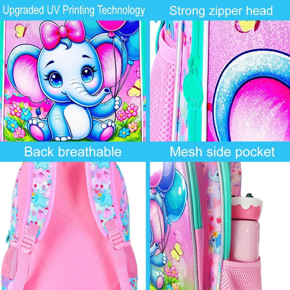 CCJPX 3PCS Backpack for Girls, 16”Elephant Bookbag with Lunch Box, Kids Water Resistant Elementary