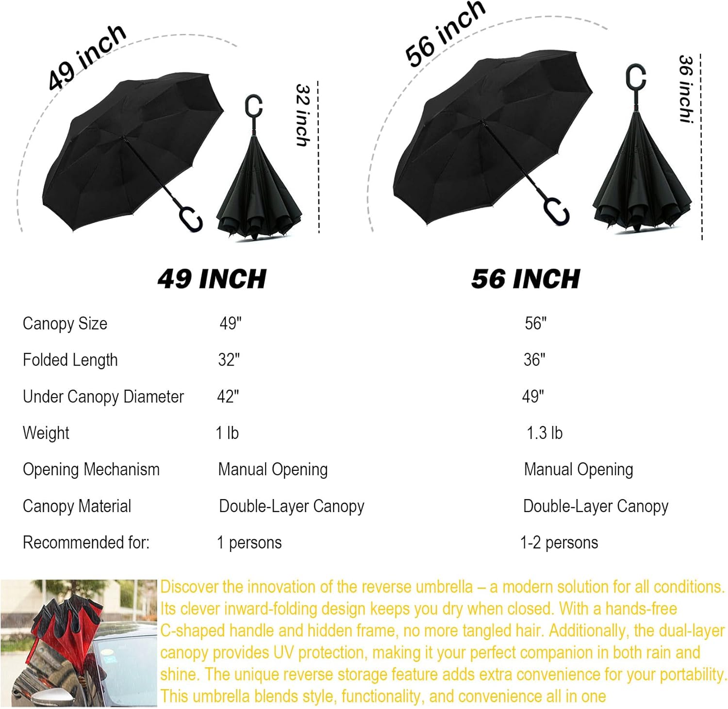 SIEPASA 49/56 Inch Inverted Reverse Upside Down Umbrella, Extra Large Double Canopy Vented