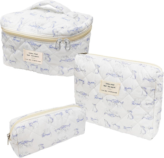 Quilted Makeup Bag, Large Capacity Travel Cosmetic Bag for Women and Girls, Aesthetic Storage for Daily and Travel Use (3pcs-bluecatanimal)