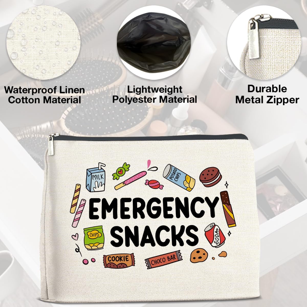 Snack Lover Gifts for Women, Foodie Gifts Makeup Bag, Emergency Snacks Zipper Makeup Pouch
