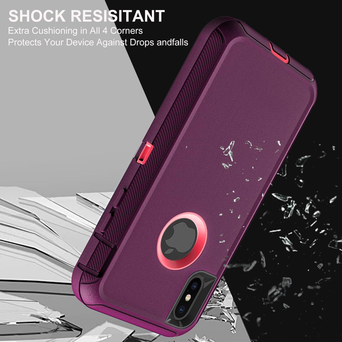 for iPhone Xs Max Case, Military Grade 3 in 1 Heavy Duty Shockproof/Drop Proof/Dust Proof Case with 2Pcs Tempered Glass Screen Protector (Purple/Pink)