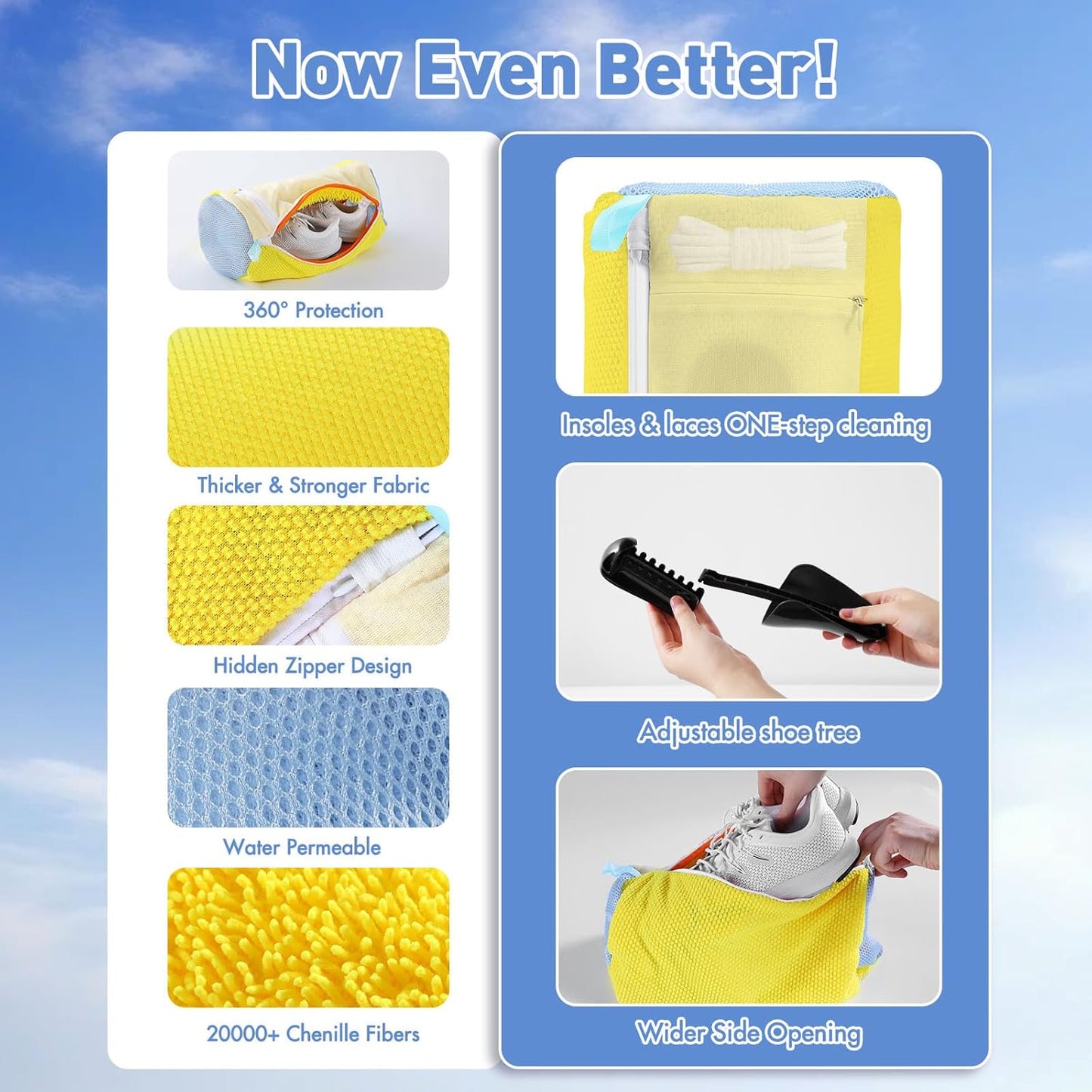 Shoe Bag for Washing Machine - Reusable Sneaker Tennis Shoes Cleaner Bag with Laces & Insoles All-in-One Cleaning Pockets No Tangling, Home Travel Laundry Shoe Bag w/Shoe Trees Keep Shape, Yellow 2pcs