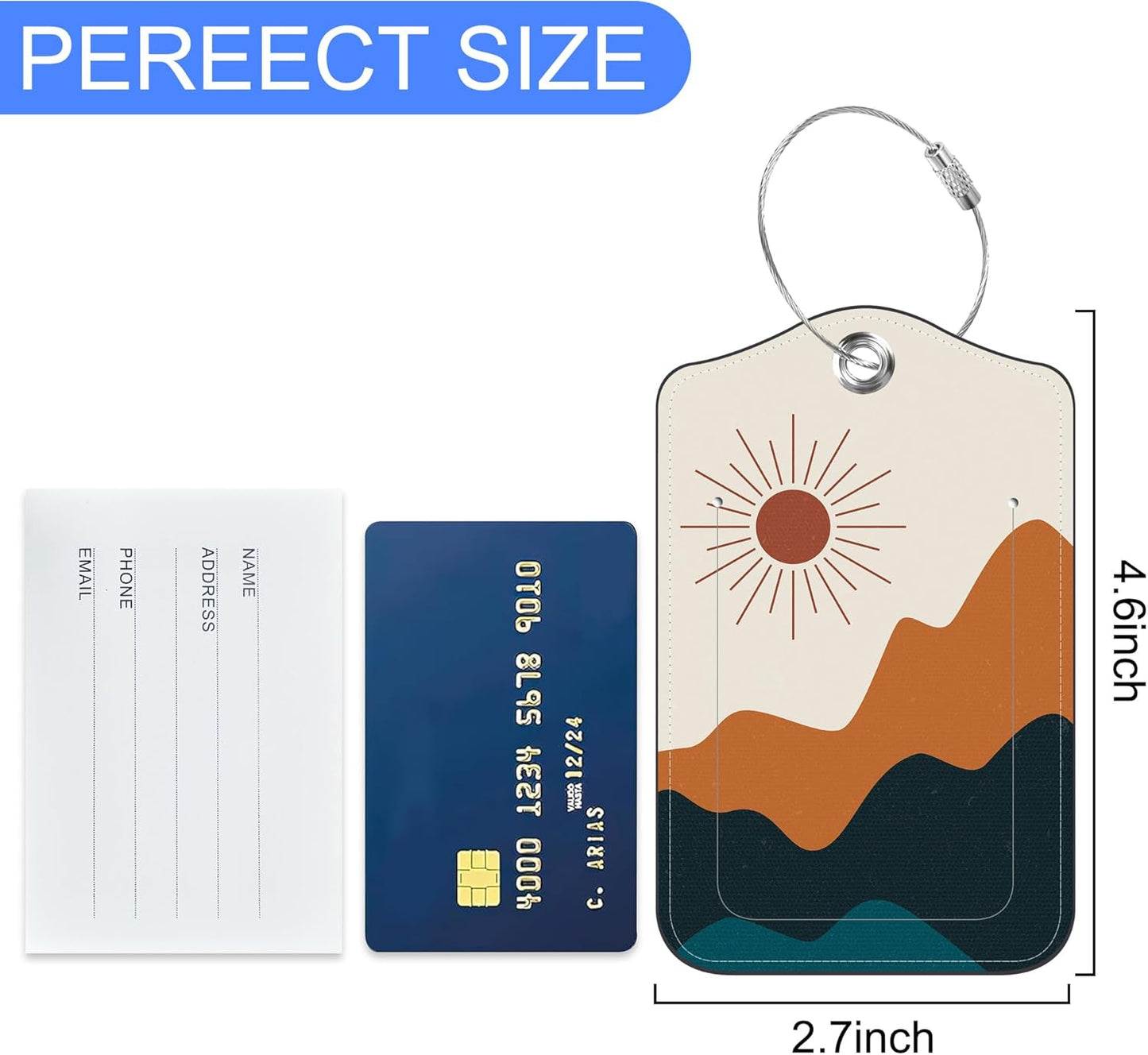 2 PCS Abstract Landscape Luggage Tag for Suitcase Boho Sun Moon Mountains Leather Suitcase Tags with Name Address Card Label Privacy Cover and Stainless Steel Loop for Women Men
