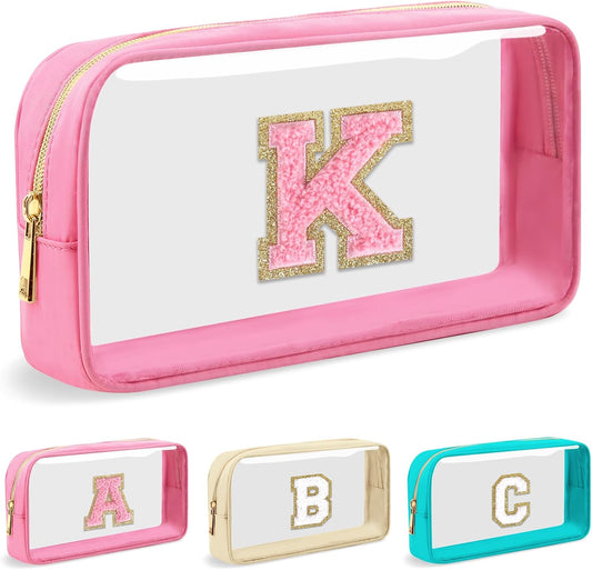 Personalized Initial Letter Clear Makeup Bag,Preppy Small Nylon&PVC Cosmetic Zipper Bag with Chenille Letter,Portable Beach Travel Skincare Toiletry Bag,Trendy Monogram Gift for Teen Girls Women,K