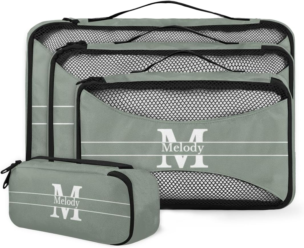 Custom Packing Cubes with Name, 4Pcs/Set Travel Luggage Packing Organizers Set for Women, Dark