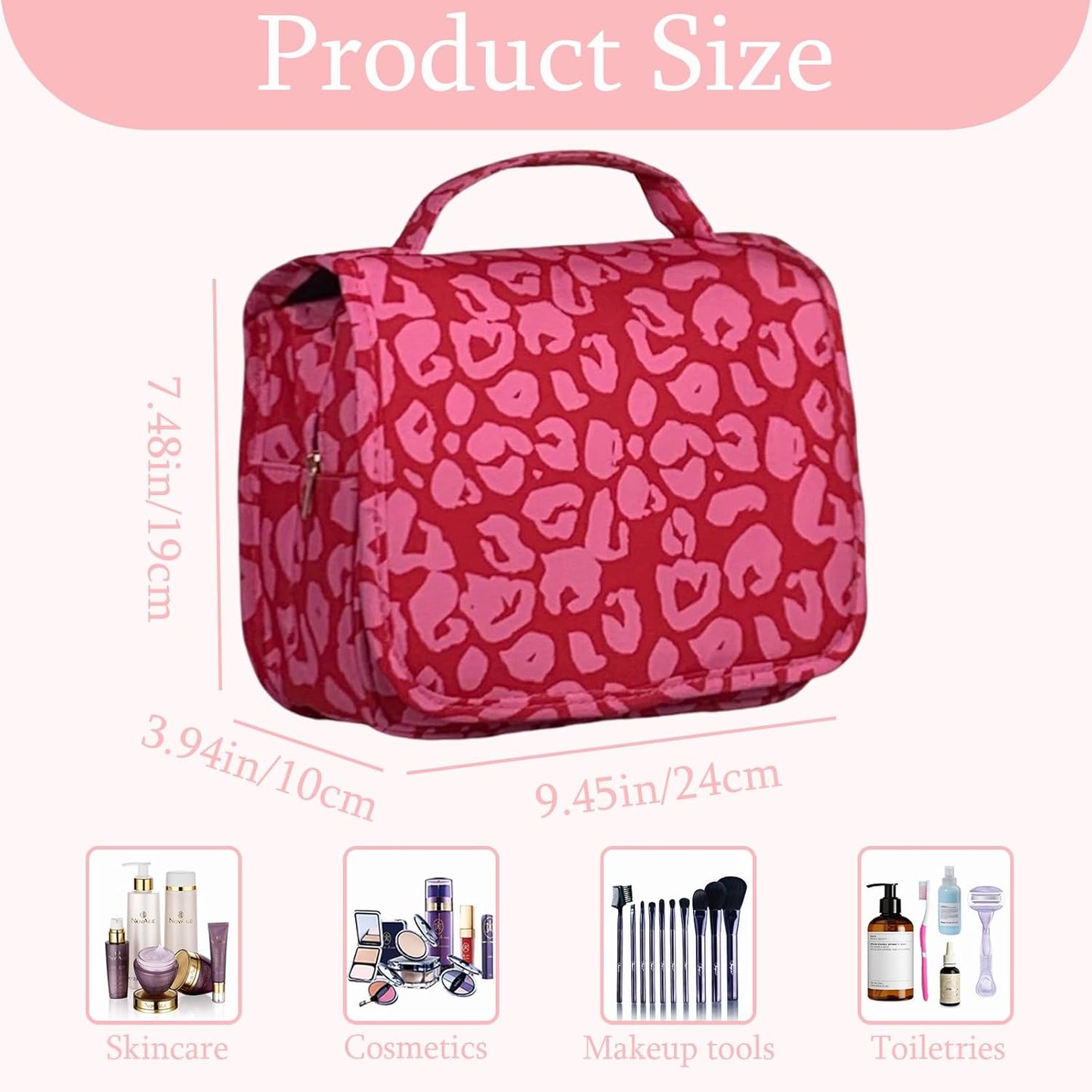 Crazy Bison Hanging Travel Toiletry Bag Kit Makeup Bag Cosmetics Organizer for Men Women (Hot Pink Leopard)