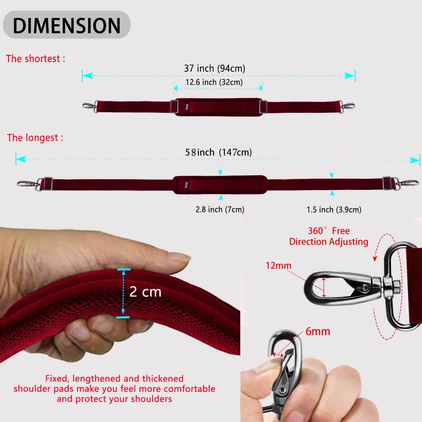 ZINZ Shoulder Strap 58" Ultra-Thick Fixed Padded and Adjustable Buckles Crossbody Strap for Briefcase Laptop Bag Luggage