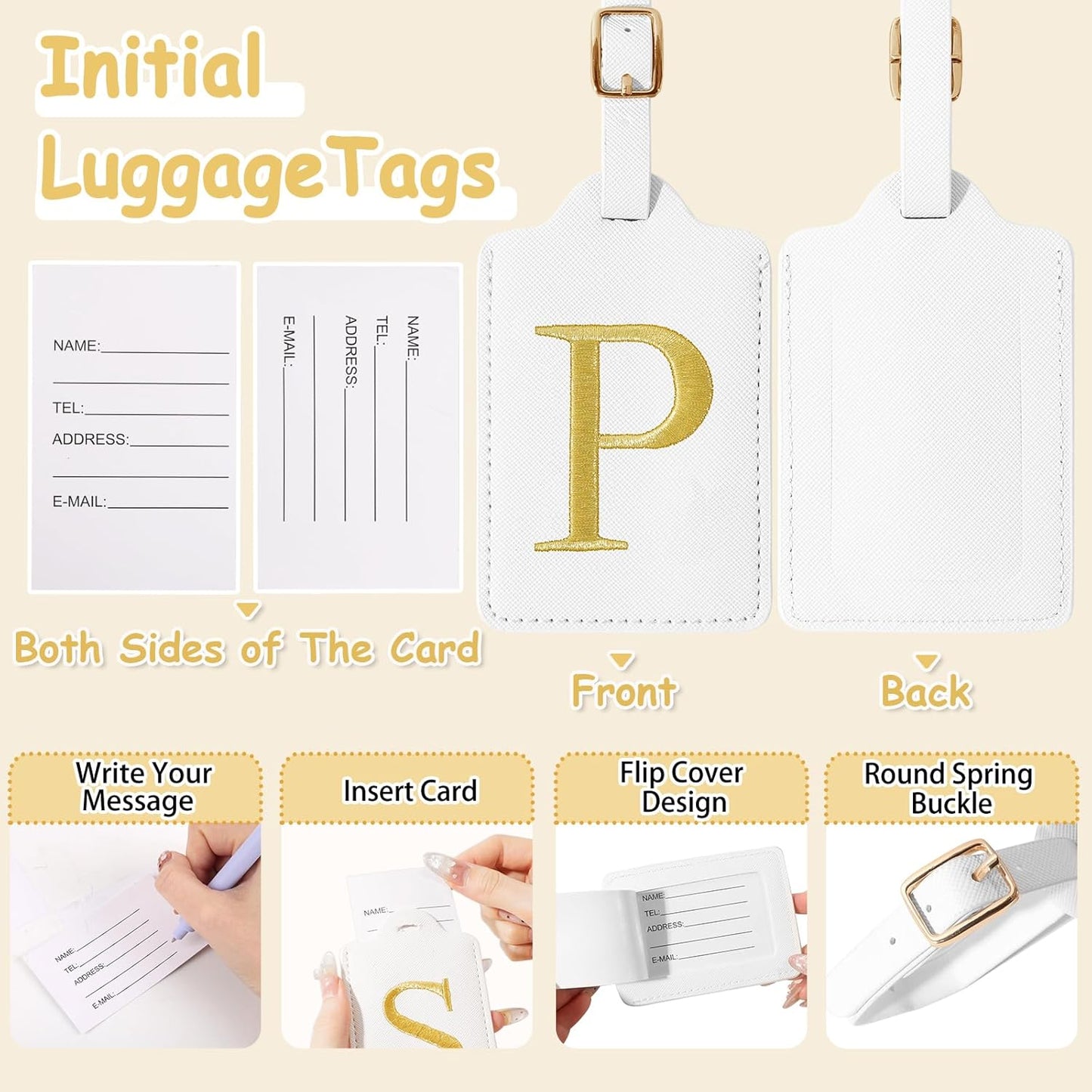 Initial Letter Luggage Tags for Suitcases, Personalized Embroidered Letter Luggage Bag Suitcase Identifier Name Tag, Cute PU Leather Travel Luggage Tags, Bag Tags for Luggage Handbags(White P)