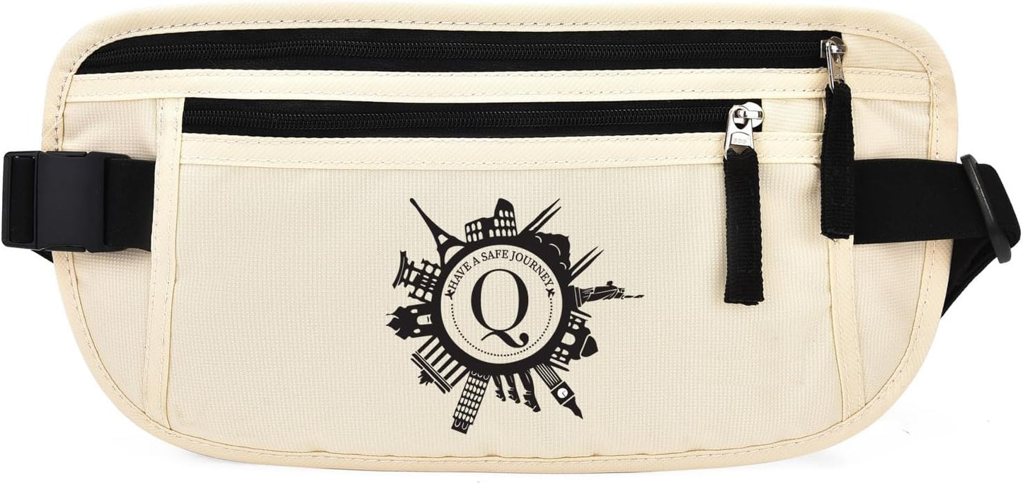 DAITET Personalized Initial Money Belt,RFID Blocking Travel Secure Bag,Monogrammed Gift for Women, Mom and Travel enthusiasts(Q)