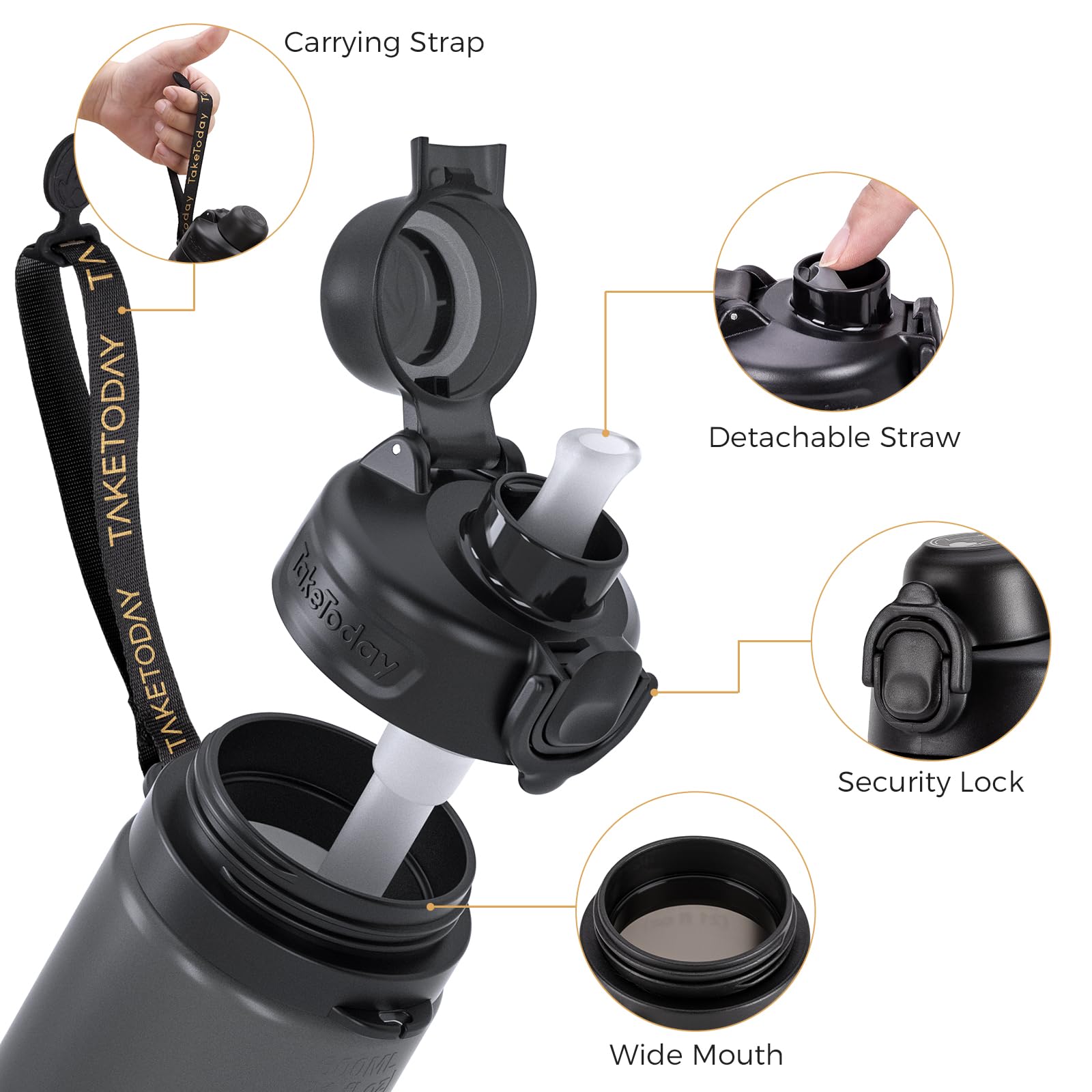 TakeToday Collapsible Water Bottles with Straw for Travel, 21oz, Black