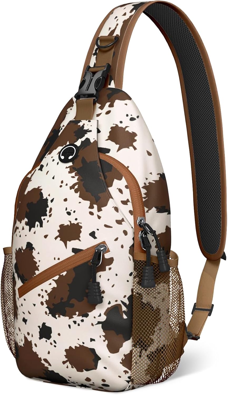 Brown Cow Print Sling Bag Crossbody Chest Bag for Women Men, Water Resistant Lightweight Casual Crossbody Bag with Adjustable Strap, Travel Hiking Daypack Shoulder Backpack