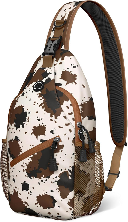 Brown Cow Print Sling Bag Crossbody Chest Bag for Women Men, Water Resistant Lightweight Casual Crossbody Bag with Adjustable Strap, Travel Hiking Daypack Shoulder Backpack