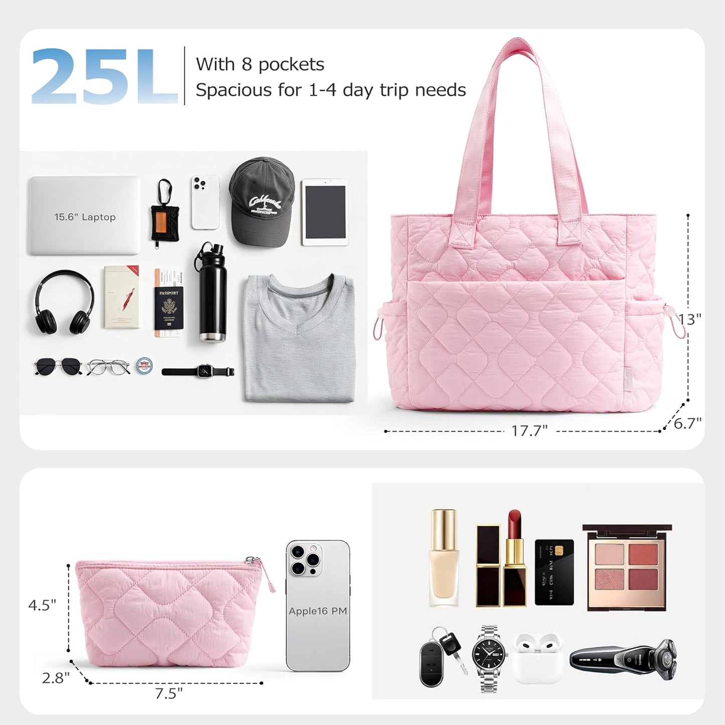 TOPEAST Tote Bag for Women Puffy Tote Travel Bag, Light 15.6" Laptop Work Handbag, Quilted Shoulder Bag Purse for Student Gym