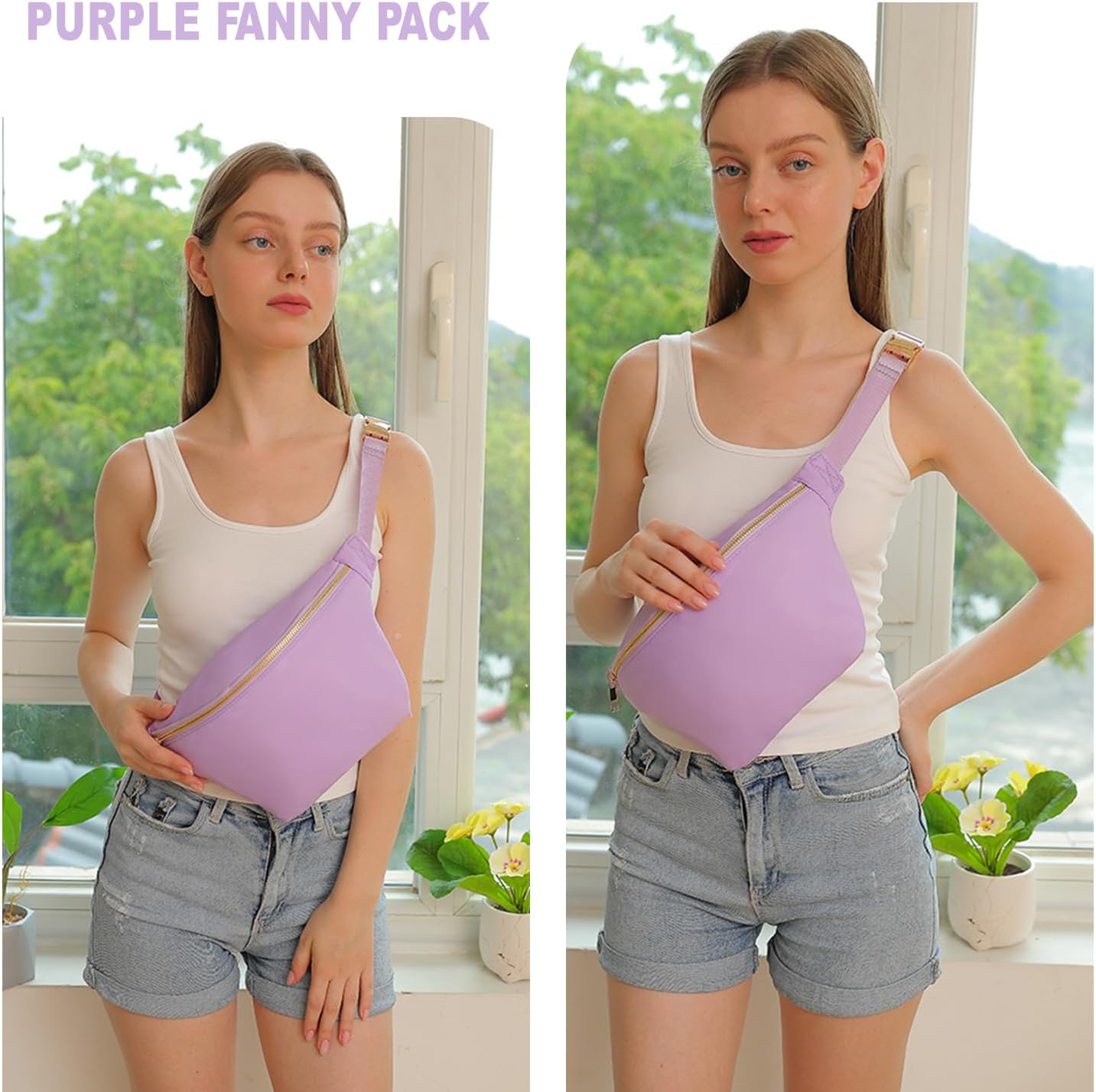 Waist Belt Nylon Fanny Pack Crossbody Bag for Women Travel (Purple)