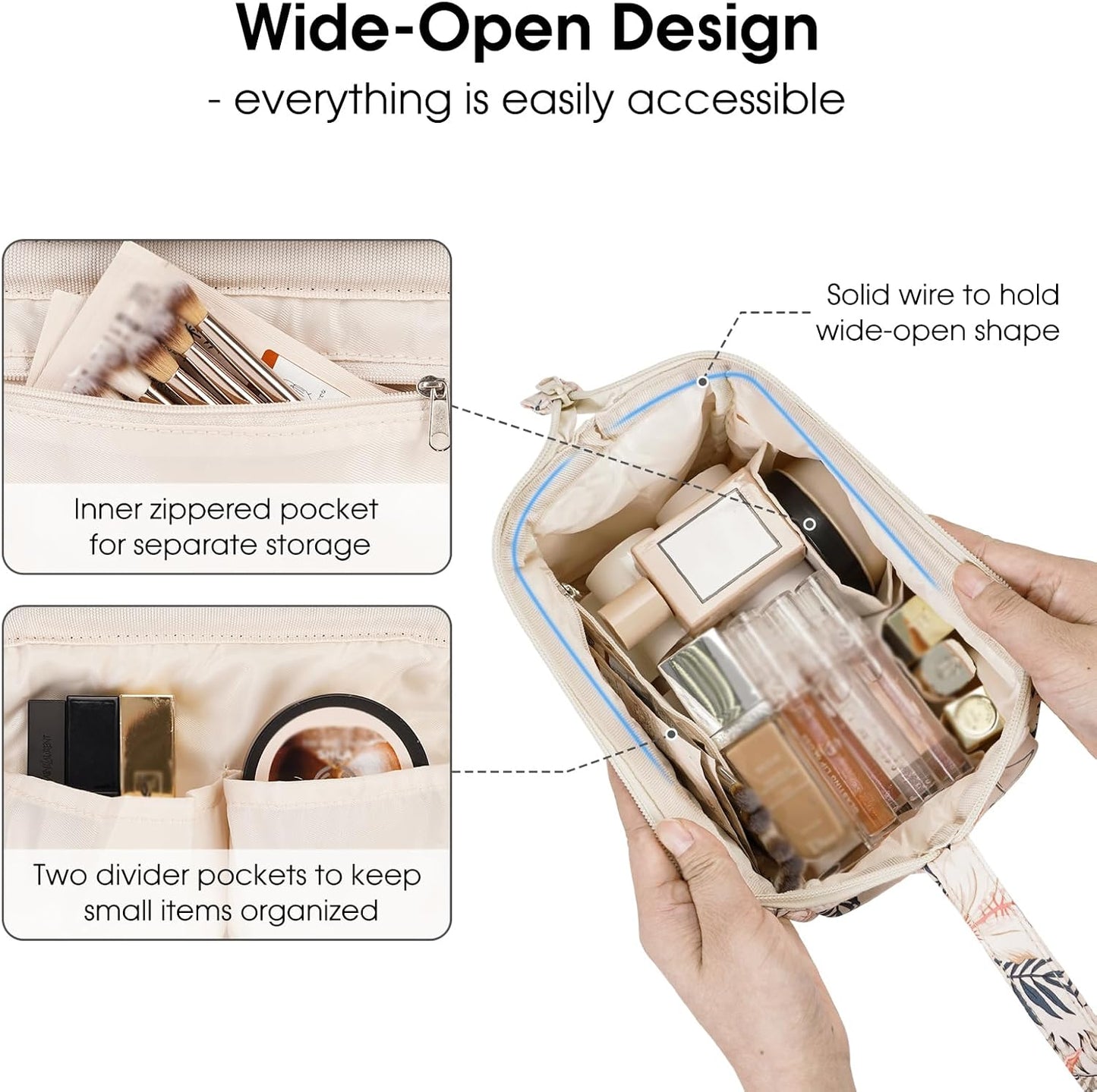Narwey Women Makeup Bag Wide-open Make up Bag Travel Cosmetic Organizer Toiletry Bag for Cosmetics Toiletries Accessories (Beige Flamingo)