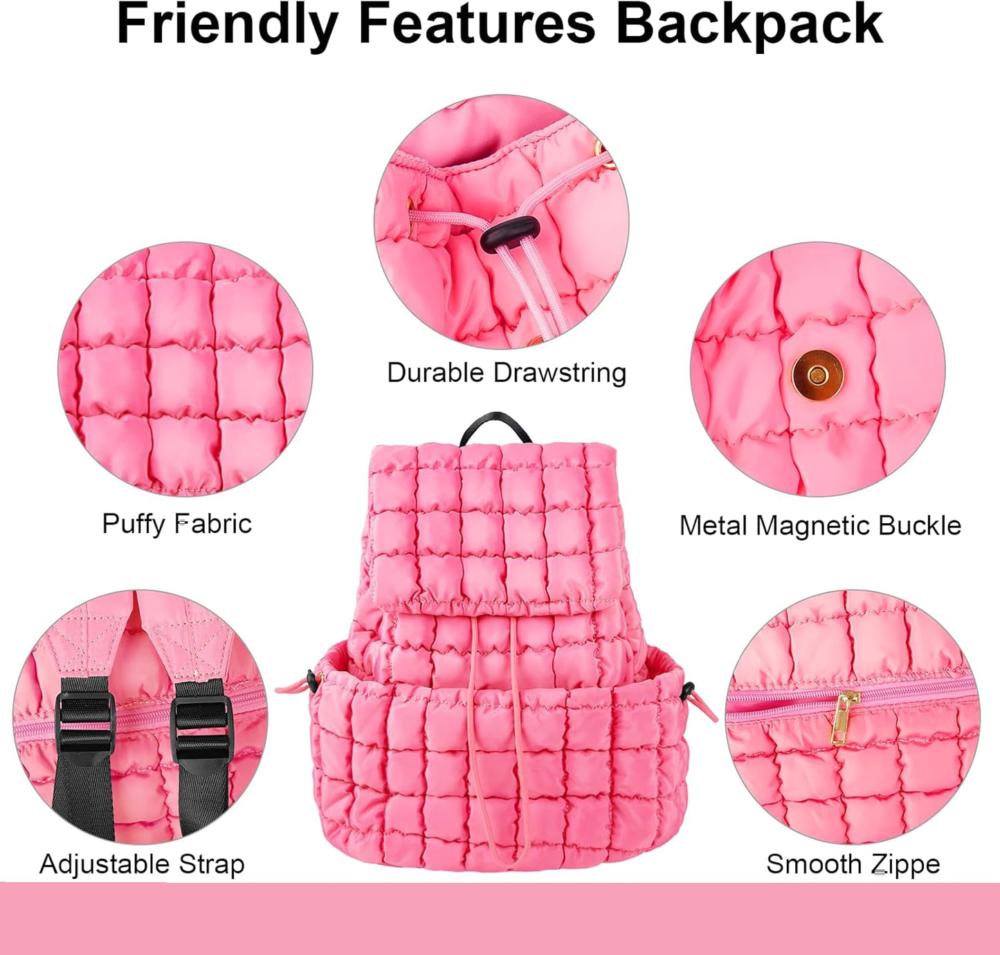XSUIOY Quilted Backpack Purse for Women Small Lightweight Puffer Puffy College Laptop Backpack Nylon Casual Bookbag Daypack Top Flap Drawstring Padding Hiker Travel Gym Backpack(Pink)