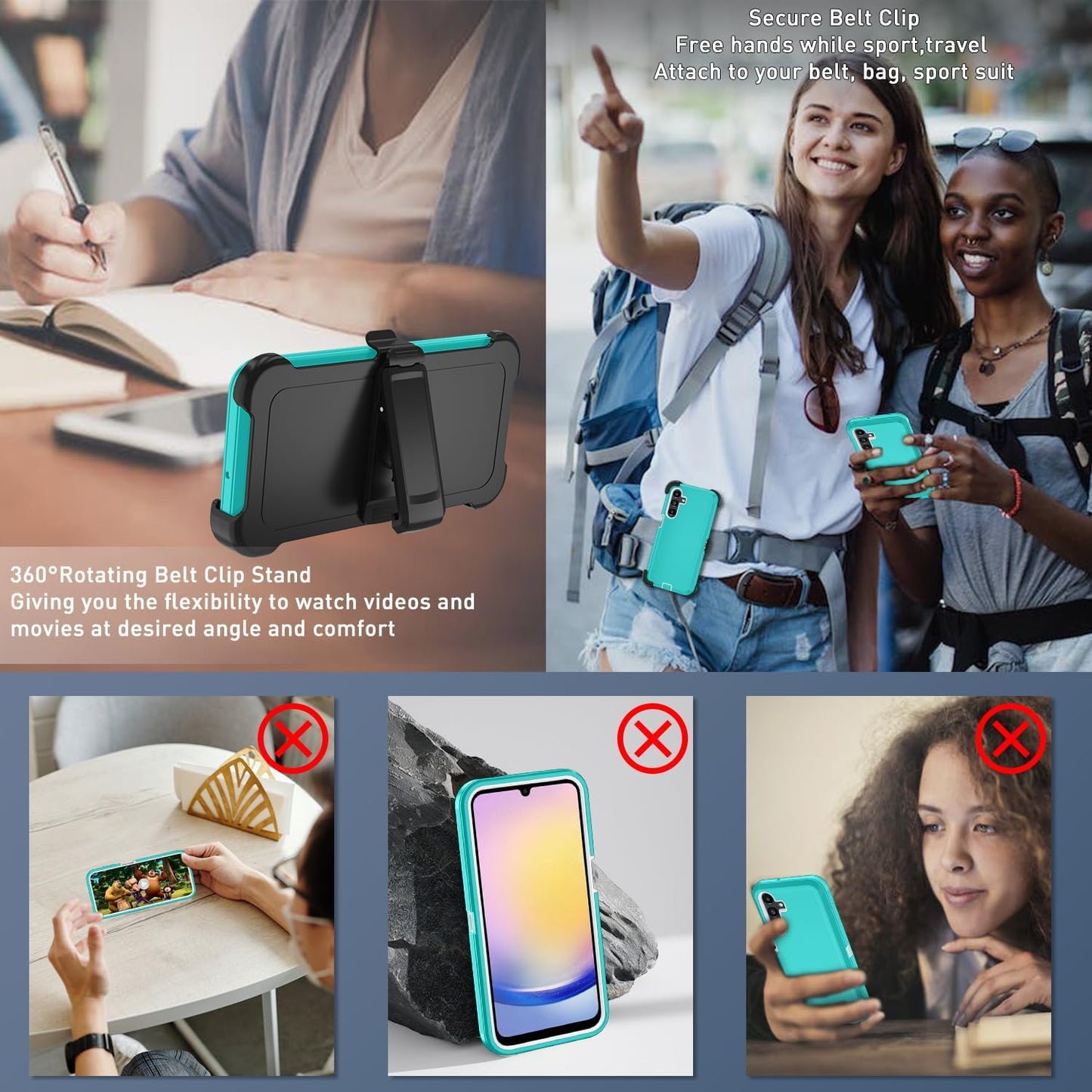 for Samsung Galaxy A17 5G case,A16 5G Heavy Duty case,with A Tempered Glass Screen Protector, [Military Grade Protective ] [Shockproof] [Dropproof] [Dust-Proof] (with Belt Clip-Teal/White)