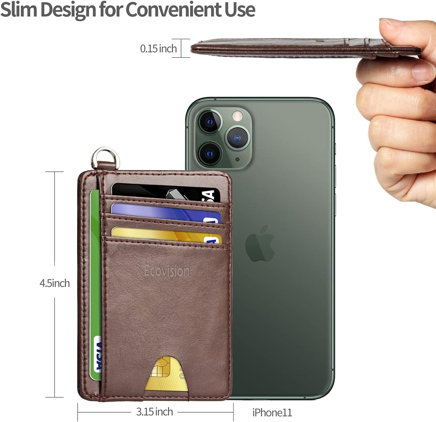 EcoVision Slim Minimalist Front Pocket Wallet, RFID Blocking Credit Card Holder Wallet with Detachable D-Shackle for Men Women
