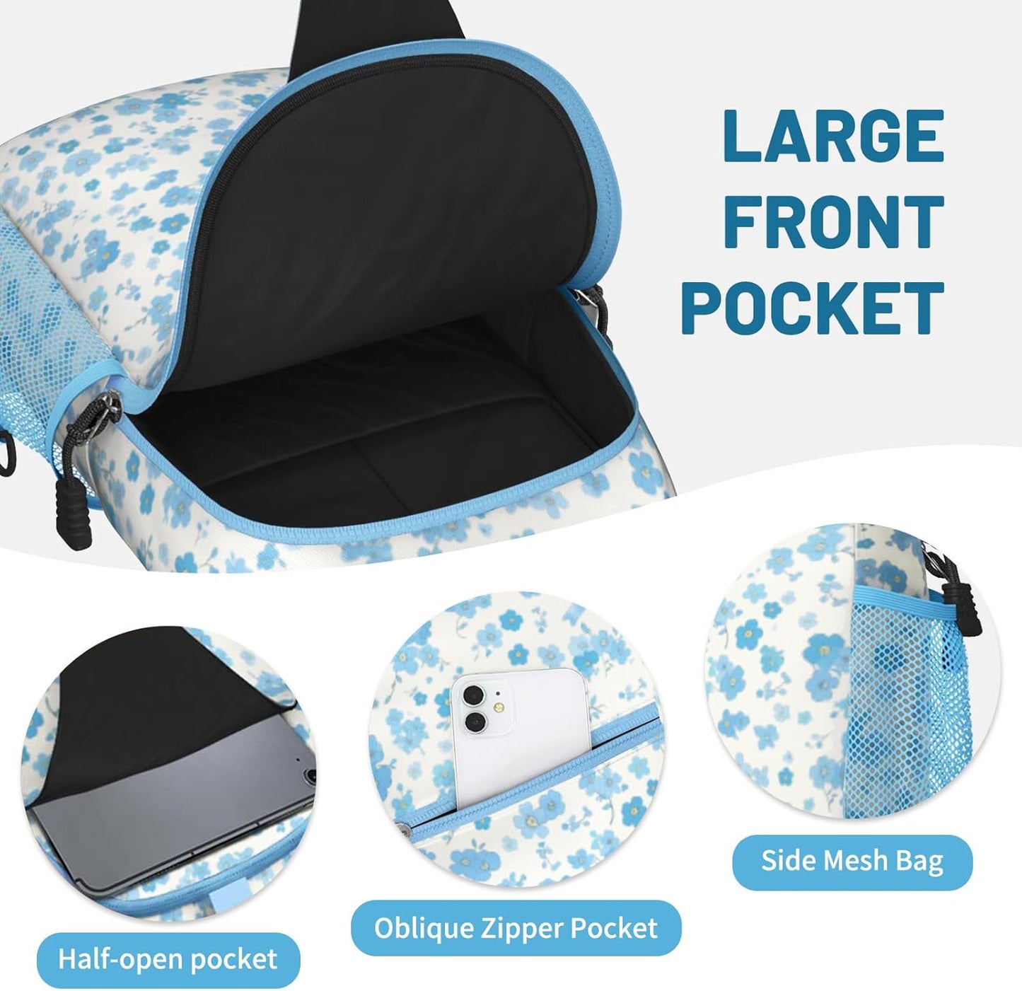 Blue Floral Sling Bag Crossbody Chest Bag for Women Men, Water Resistant Lightweight Casual Crossbody Bag with Adjustable Strap, Travel Hiking Daypack Shoulder Backpack
