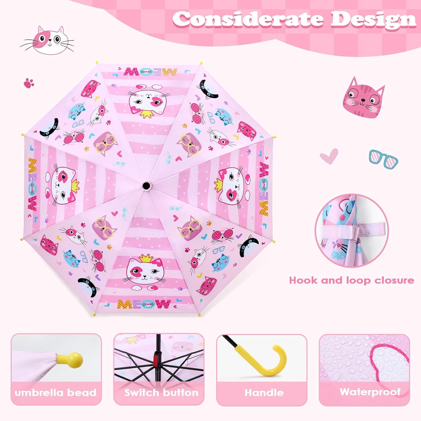 Kids Umbrella, Safety Windproof Umbrella with Easy-Grip Hook Handle for Toddler Girls and Boys