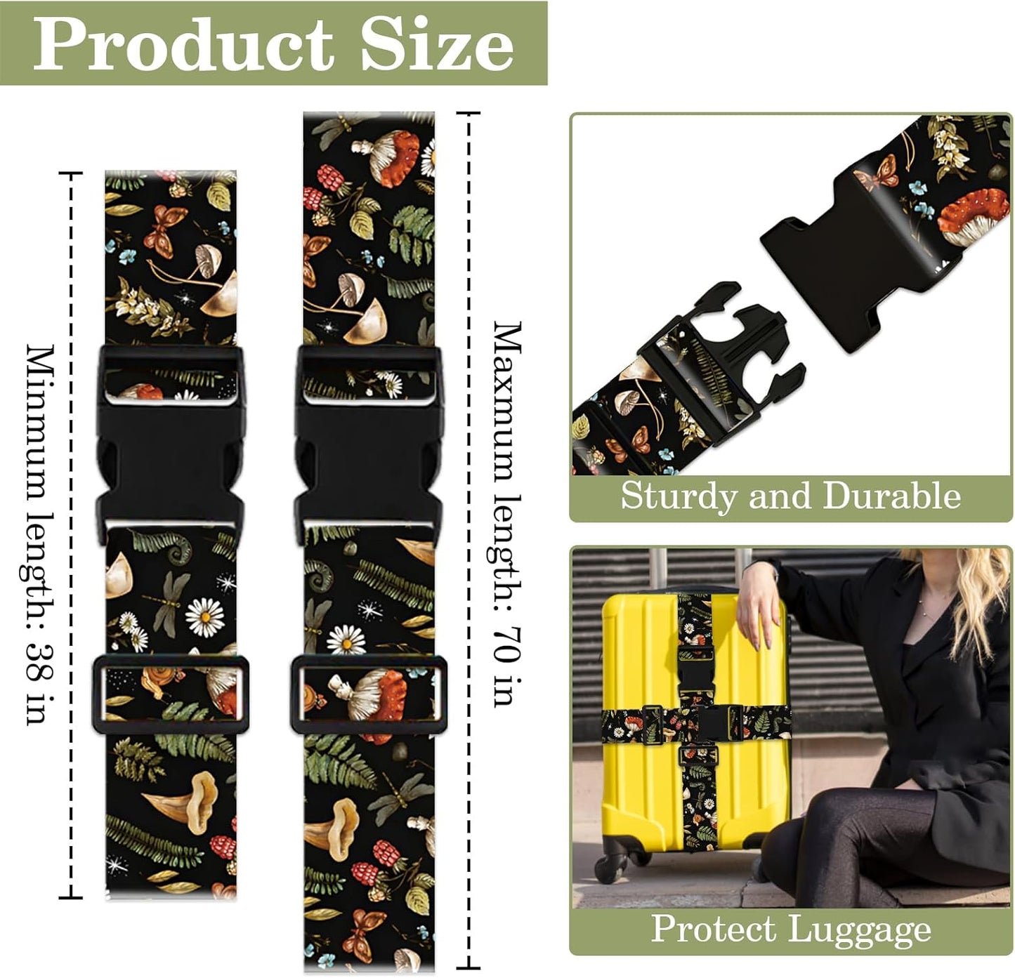 Mushroom Luggage Straps for Suitcases TSA Approved, Luggage Identifiers for Suitcase, Adjustable Suitcase Strap for Baggage Security with Cute Patten, Travel Necessary Accessories (2Pack)