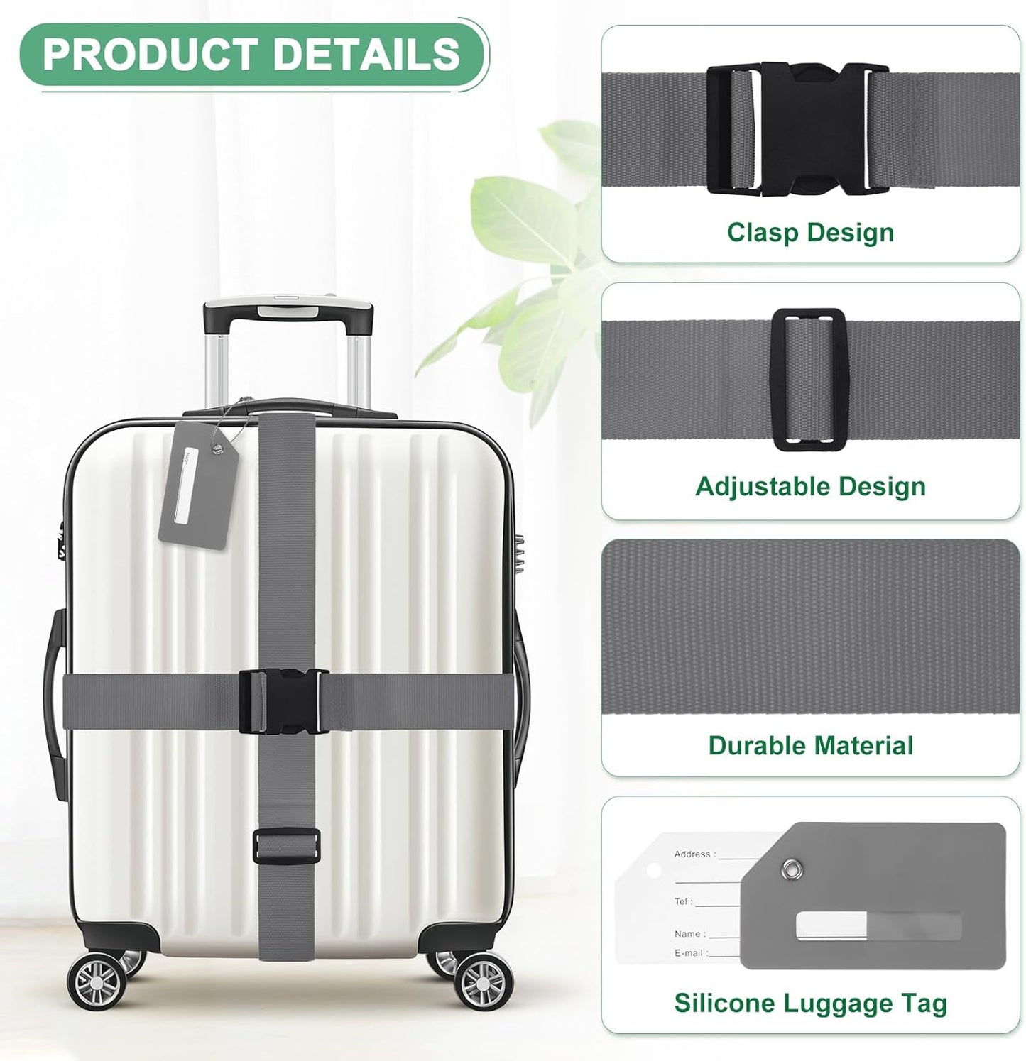4-Sets Luggage Straps TSA Approved, Travel Straps for Luggage Suitcase Tags Set, Adjustable Suitcase Belt [Gray]