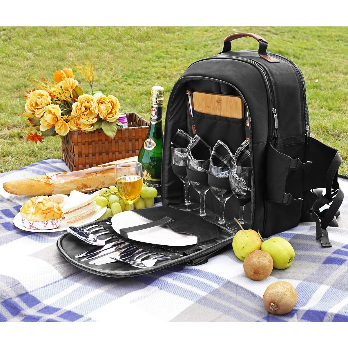 Sunflora Picnic Backpack for 4 Person Set Pack with Insulated Waterproof Pouch for Family Outdoor