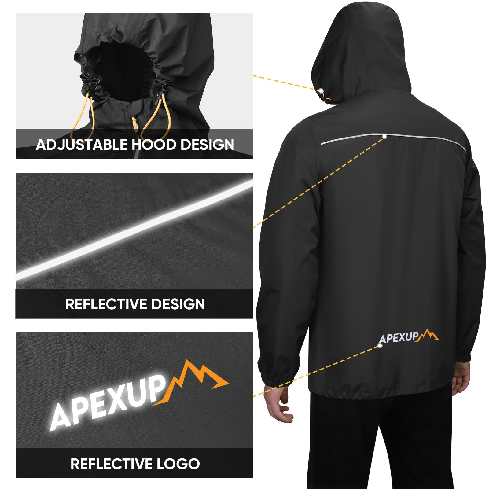 APEXUP Packable Rain Jacket Men with Reflective Zipper, Lightweight Waterproof Jacket Windbreaker