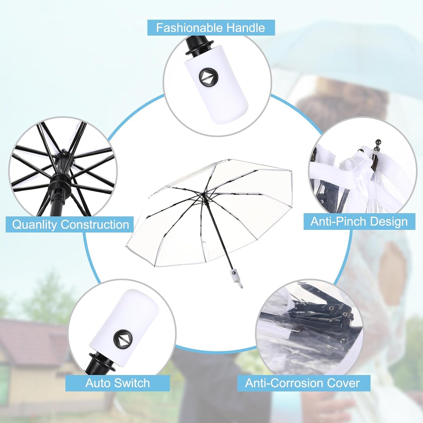 20pcs Clear Umbrellas 42 Inch Foldable Lightweight Transparent Umbrella Automatic Open Transparent Travel Umbrella for Women and Men for Rain Outdoor Wedding