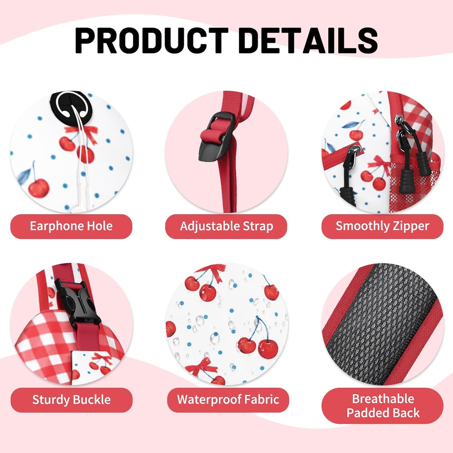 Red Cherry Plaid Sling Bag Crossbody Chest Bag for Women Men, Water Resistant Lightweight Casual Crossbody Bag with Adjustable Strap, Travel Hiking Daypack Shoulder Backpack