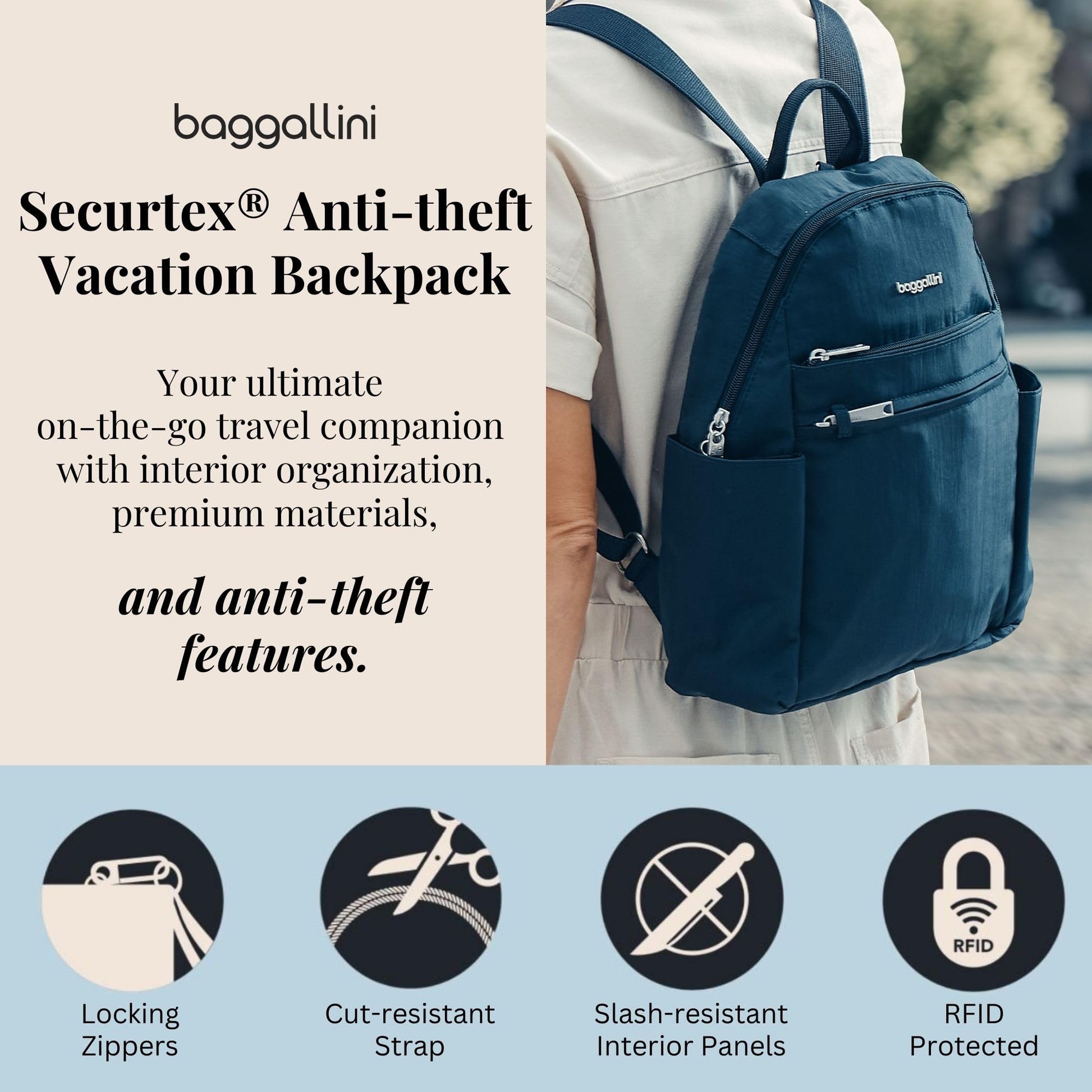 Baggallini Securtex® Anti-theft Vacation Travel Backpack 10x13 Slash-Resistant Nylon Daypack