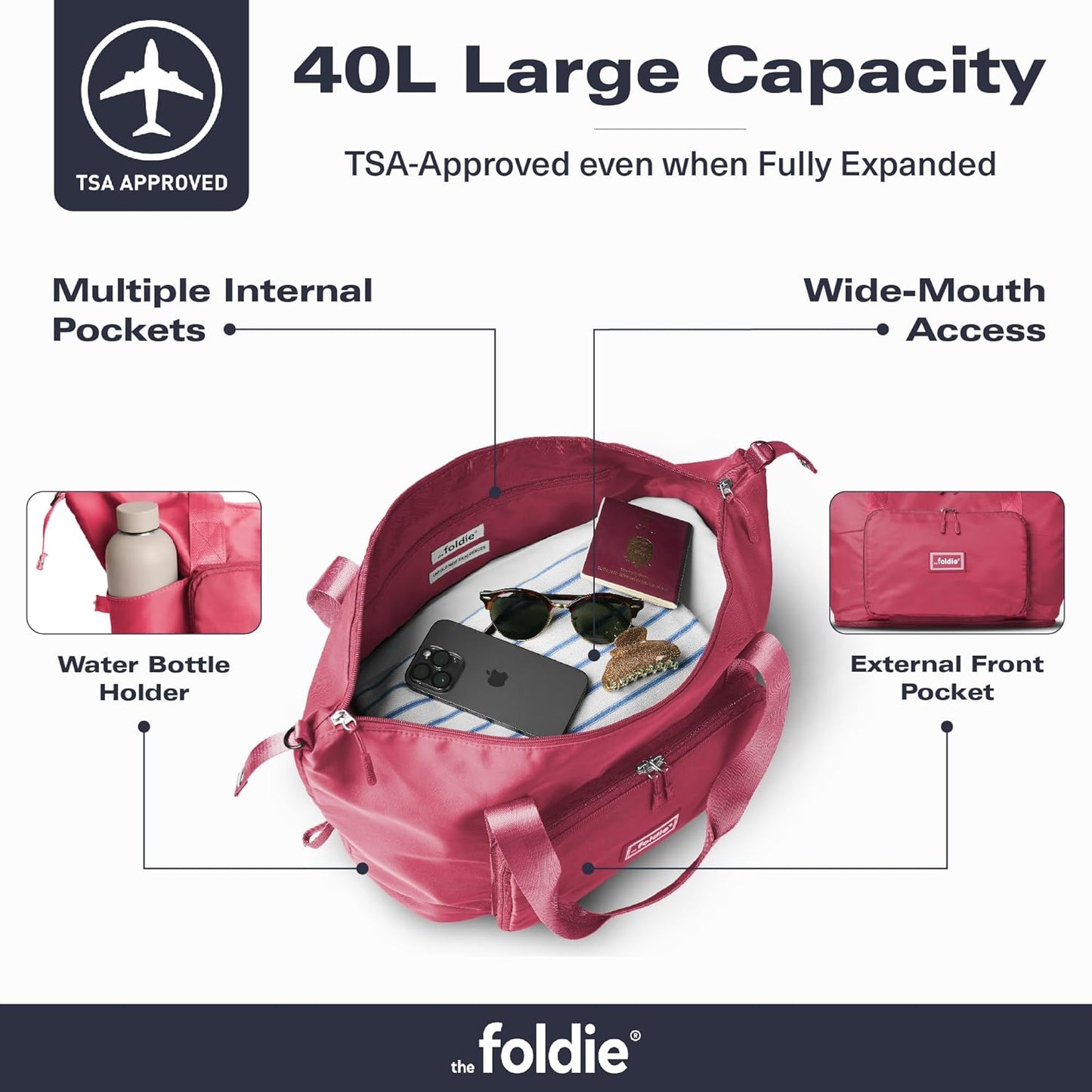 The Foldie Foldable Travel Bag for Women - 40L Weekender Bag with Multiple Pockets - Carry On Expendable Travel Bag
