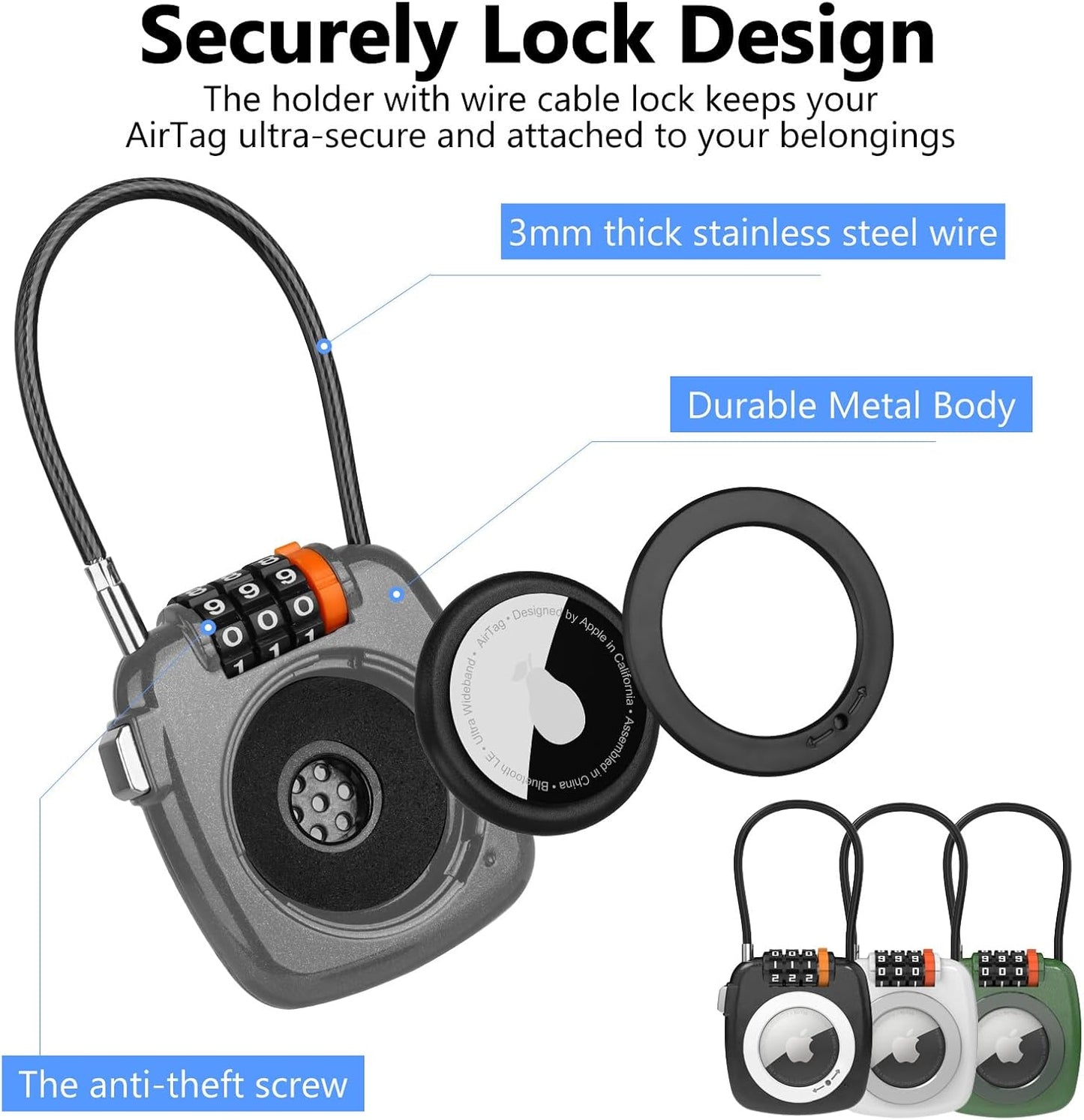 Compatible with Apple AirTag Secure Lock with Wire Cable, 3-Digit Combination Luggage Locks, Alloy Body Ultra Durable Anti-Lost Protective Case for Luggage, Bags, Suitcase, and Backpacks (Grey)