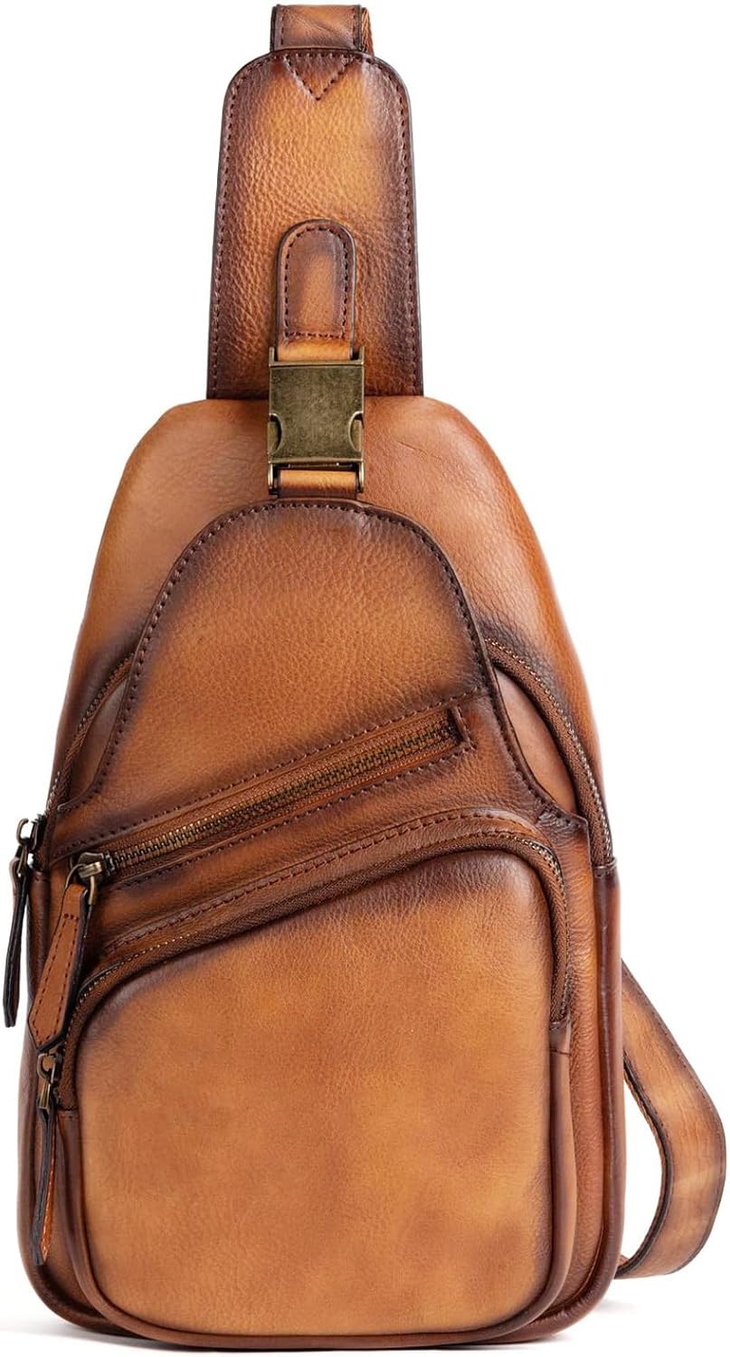 Genuine Leather Sling Bag for Men Women Backpack Chest Shoulder Satchel Crossbody Bags Casual Outdoor Daypack