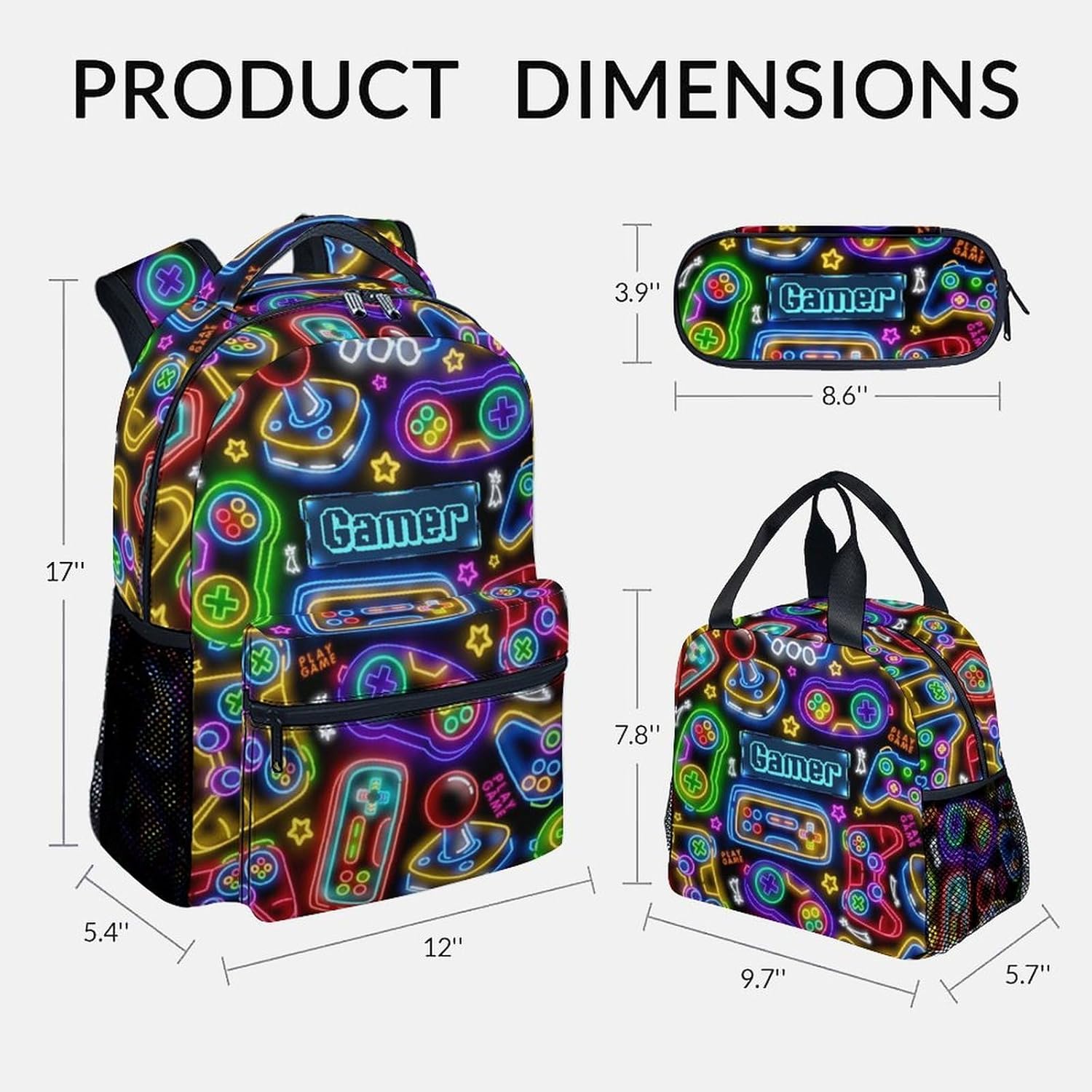 Kids Backpack Boys - Large Capacity School Bags with Lunch Bag Set - Cool Gamer Bookbag for Middle