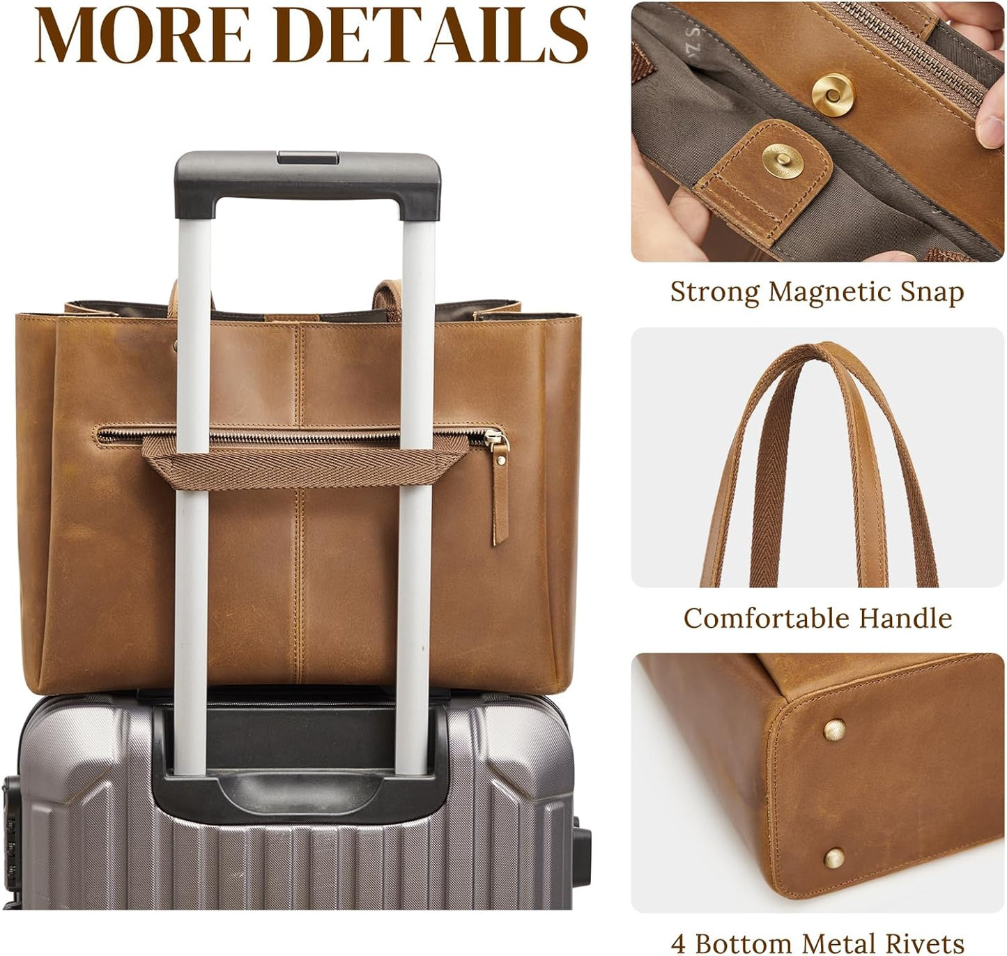 S-ZONE Genuine Leather Tote Bag for Women Work Large Shoulder Handbag with Zipper Compartment for Travel Professional