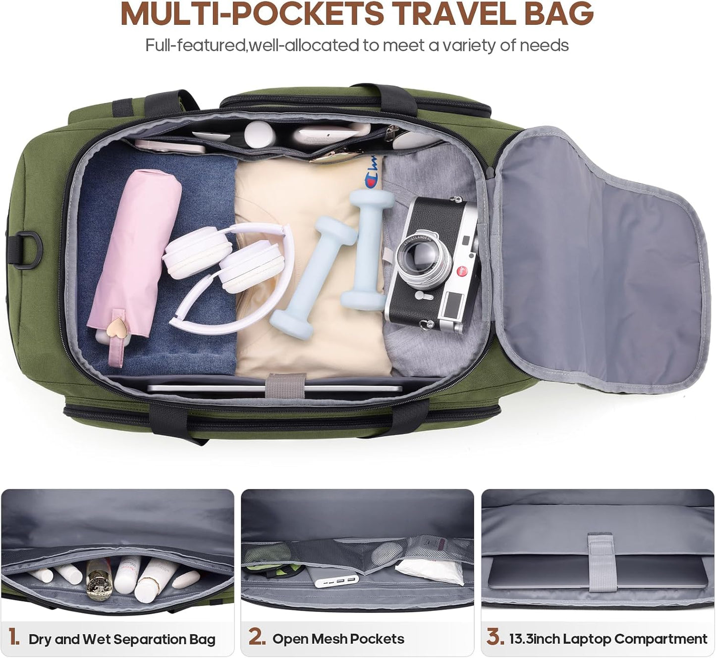 Gym Bag for Men and Women with Shoe & Laptop Compartment, 3-in-1 Sports Travel Duffel Bag Anti-Theft Weekender Carry-On Backpack for Airplane & Workout, Overnight Travel Bag,35L (Green, Medium)