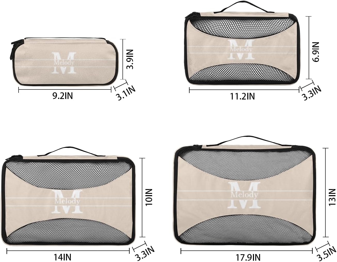 Personalized Compression Packing Cubes with Name Initial Letter, Beige Color 4 Set Mesh Travel Organizer Bags for Carry on, Luggage, Suitcase
