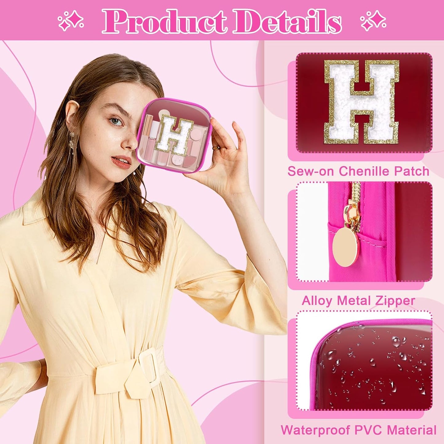 Personalized Initial Letter Clear Preppy Makeup Bag,Mini Nylon Chenille Letter Cosmetic Bag Cute Zipper Pouch Coin Purse for Teen Girls,Portable TSA Approved Travel Essentials Bag Gift for Women,H