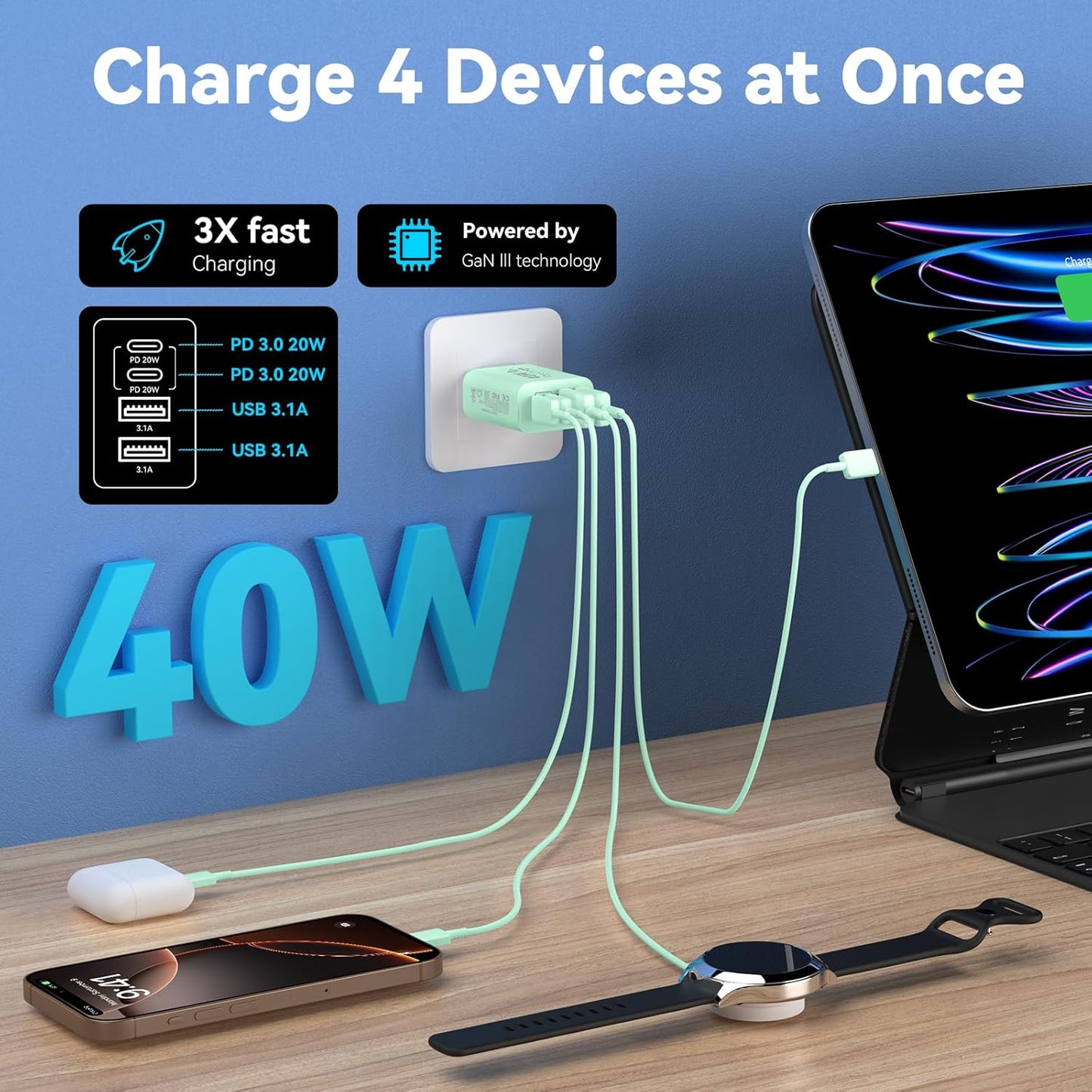 USB C Charger Block, 2-Pack 40W 4-Port Multiple Type C Fast Charging Phone Charger Brick +QC 3.0 USB A Wall Plug Out let Multiport Box Cube for Phone 15/14/13/12/11 Pro Max, Galaxy, Pixel, Green