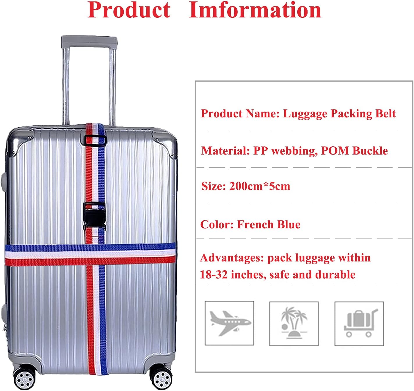 2 Pack Luggage Straps, Bright Colors Adjustable Suitcase Belts with Quick Release Buckle (FranceColor)