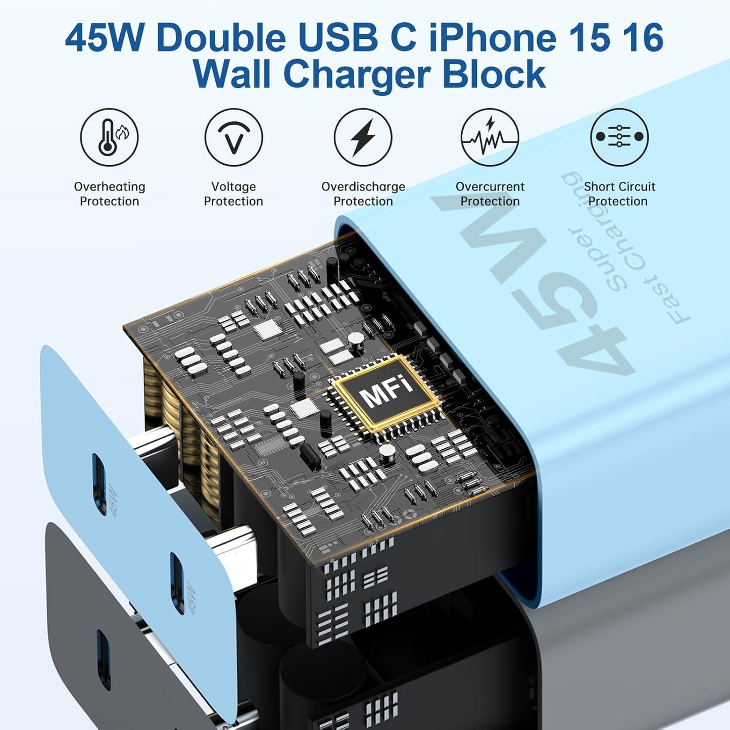 45W Dual Port iPhone 17 16 15 Charger Fast Charging and 6ft 10ft Type C to C Cable Cord Long, USB C Wall Block Plug for Apple iPhone 17 Pro Max/17 Air/16 Pro Max/16/15 Plus/15 Mini/iPad Cube Brick Box