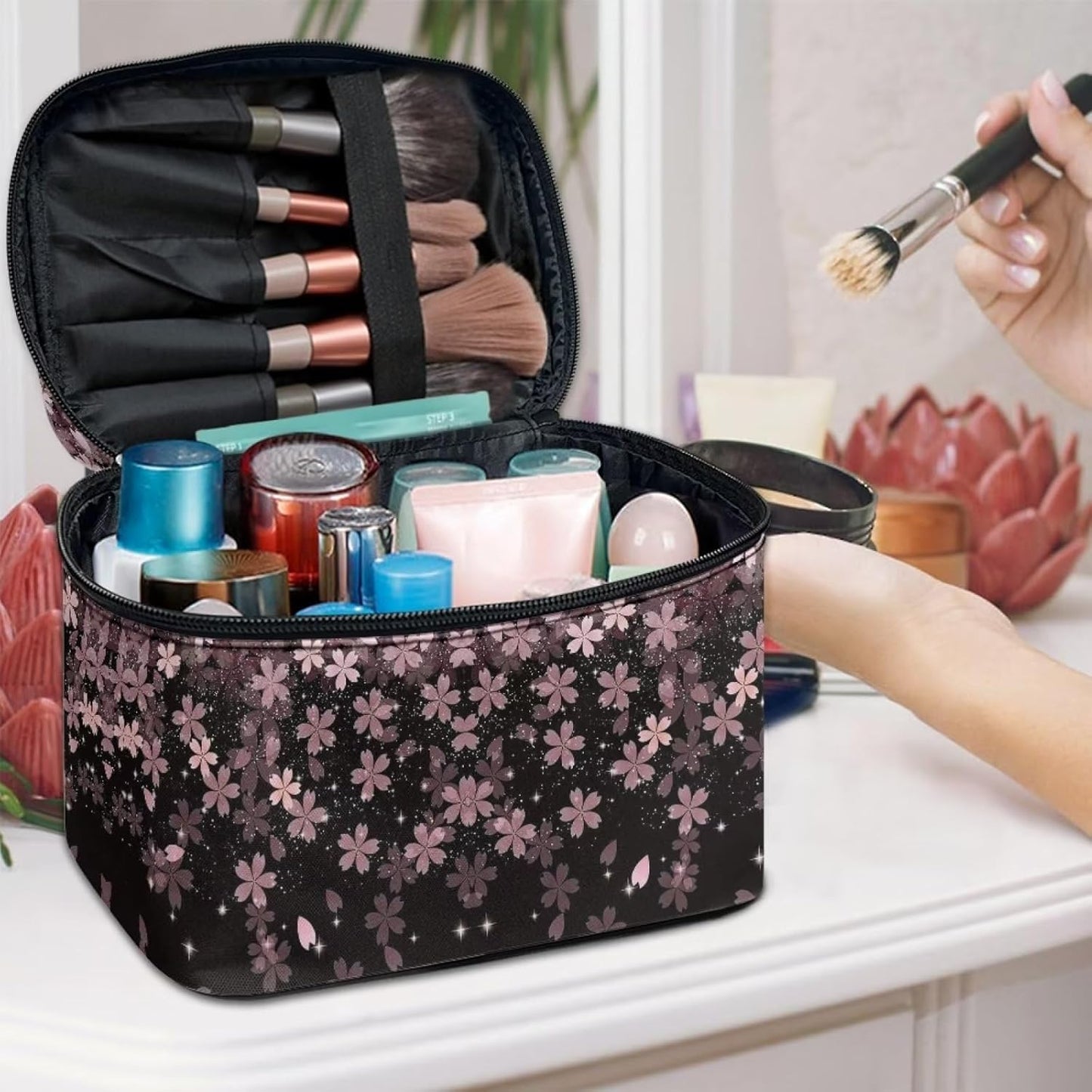 JoyLamoria Cherry Blossoms Cosmetic Bag Toiletry Bag Desk Cosmetics Storage Home Decor